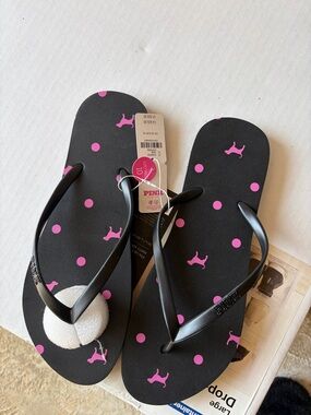 PINK Victoria's Secret Black Flip Flops with Pink Polka Dots & Logo